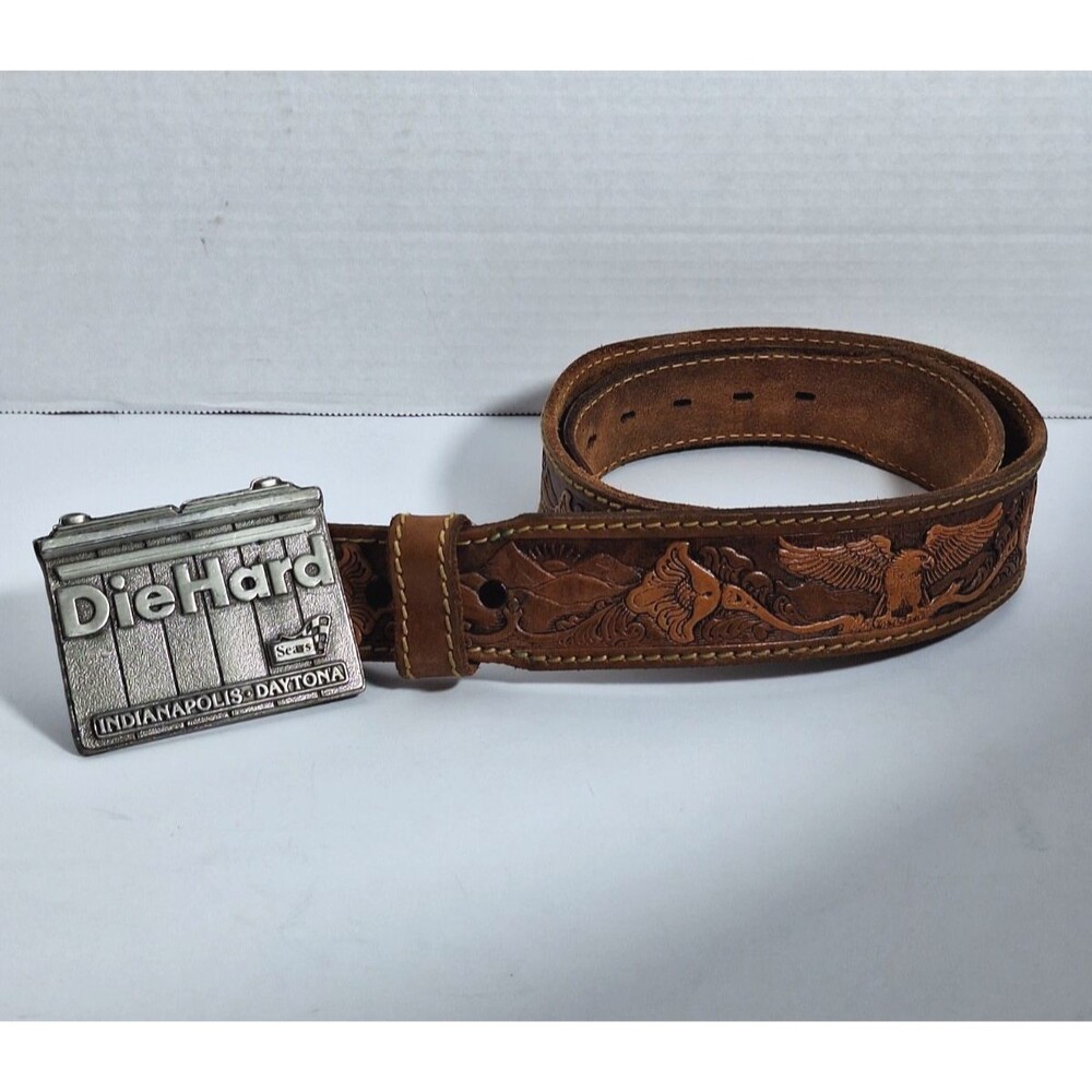Vintage 70's Sears Roebuck Hand Painted Tooled Leather Belt Men 36 Western Metal